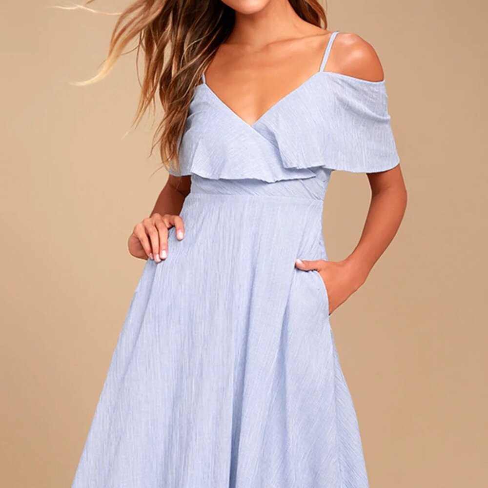 Lulus Yacht Rock Blue and White Striped Off-the-Shoulder Midi Dress